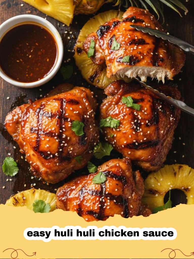 A bowl of glossy, dark brown easy huli huli chicken sauce next to grilled chicken skewers.