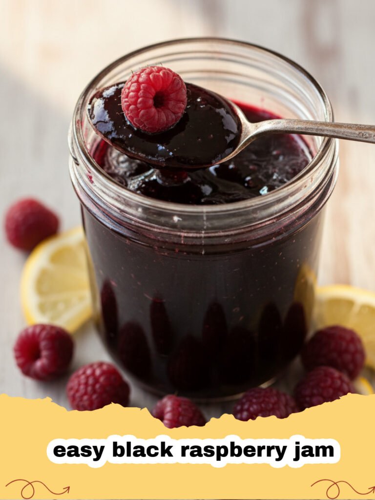A close-up of a jar of deep purple easy black raspberry jam spread on a piece of crusty bread.