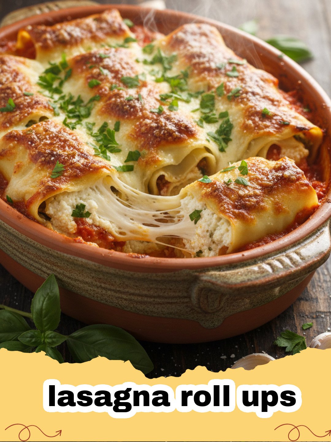 A close up of three golden-brown cheesy lasagna roll ups in a white baking dish with fresh basil garnish.