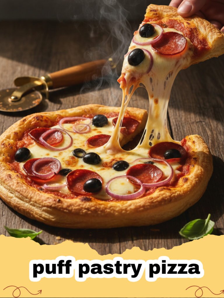 A golden brown puff pastry pizza topped with melted mozzarella and pepperoni on a parchment-lined tray.