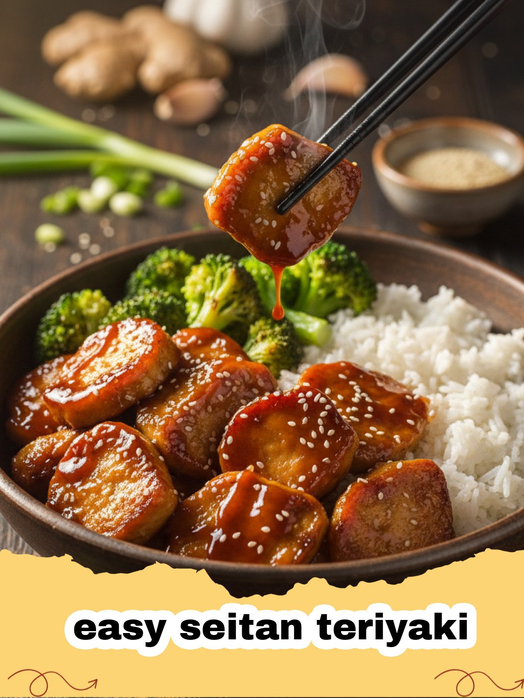 A bowl of easy seitan teriyaki served over white rice with sesame seeds and green onions.