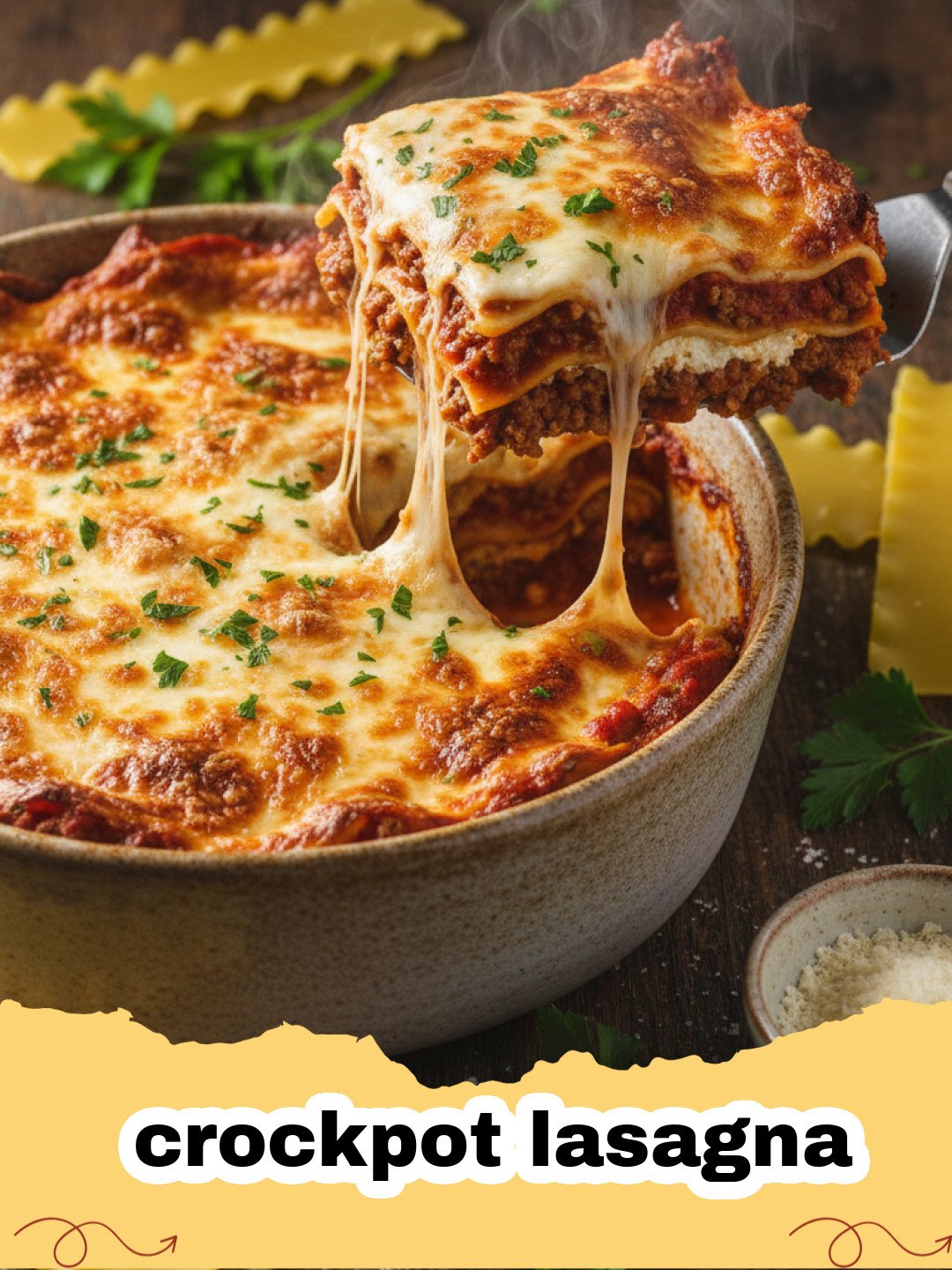 A close-up shot of a cheesy slice of crockpot lasagna being lifted from a slow cooker.