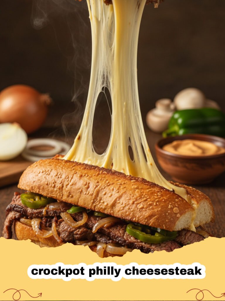 Close up of a crockpot philly cheesesteak sandwich with melting cheese