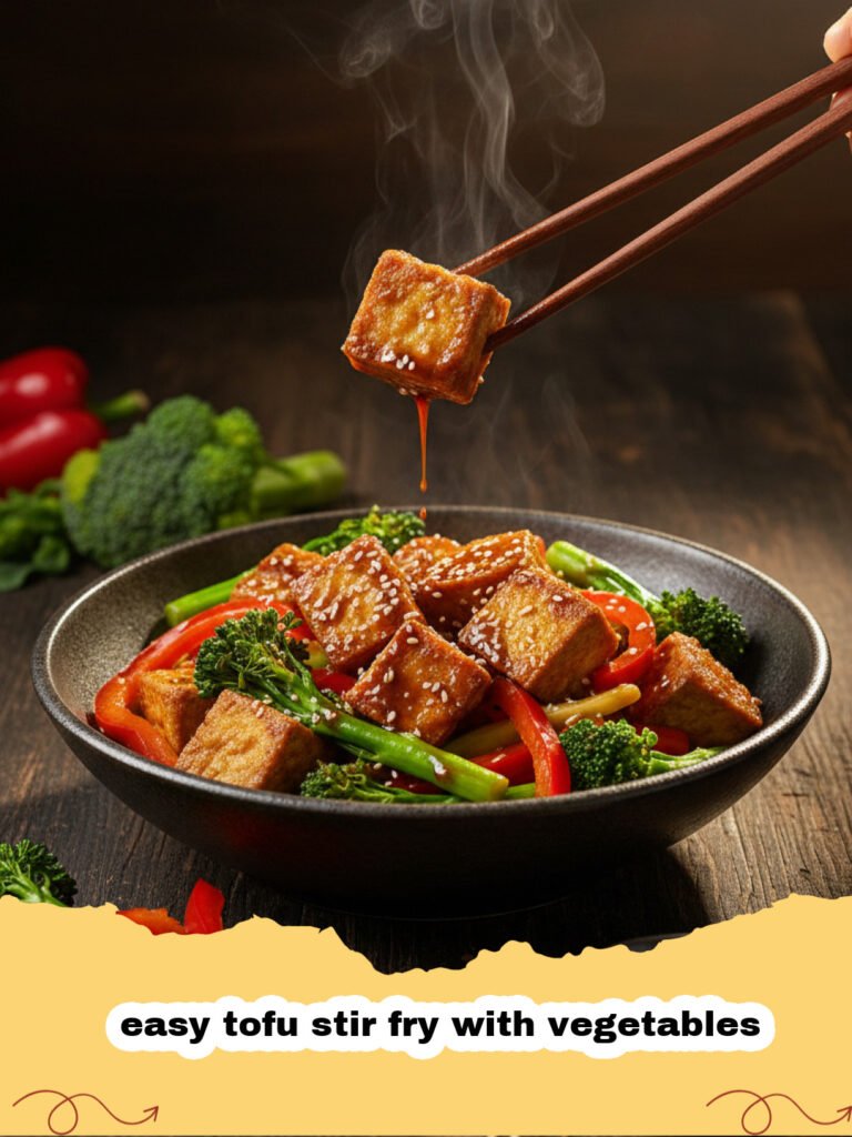 A colorful pan of easy tofu stir fry with vegetables and rice