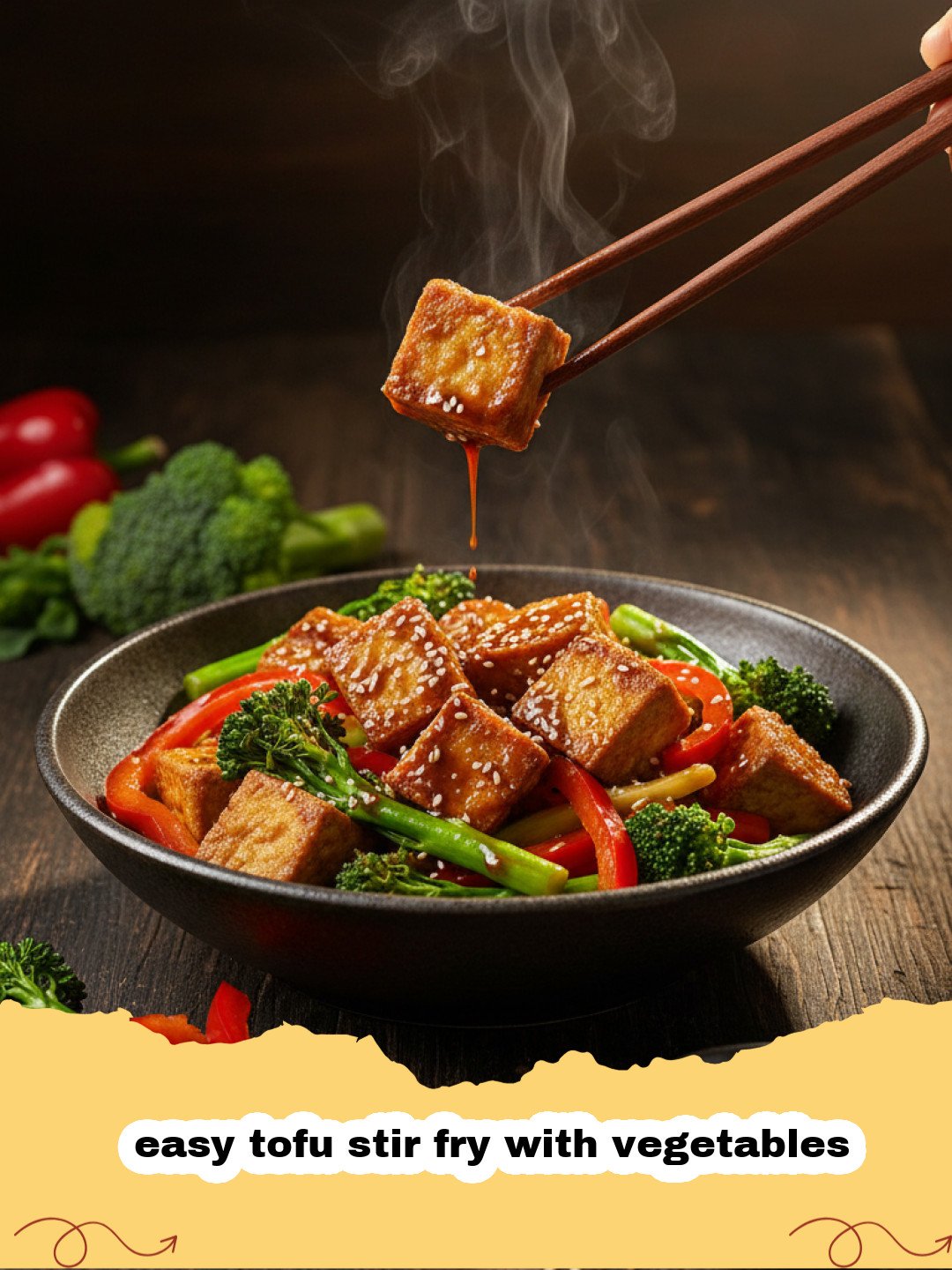 A colorful pan of easy tofu stir fry with vegetables and rice