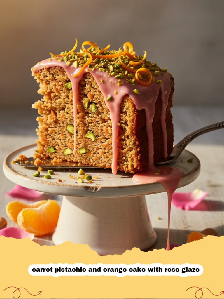 A beautiful carrot pistachio and orange cake with rose glaze garnished with nuts and rose petals.