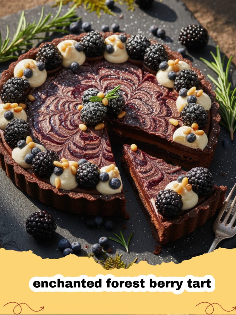 A close up of an enchanted forest berry tart with vibrant blackberries and raspberries