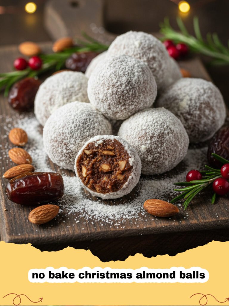 A pile of white and brown no bake christmas almond balls on a festive wooden plate.