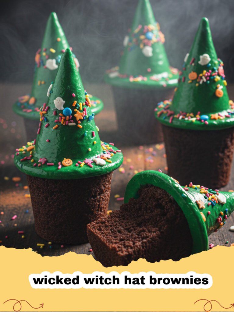 A close-up of several wicked witch hat brownies on a black serving tray.