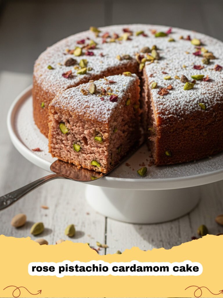 A beautiful rose pistachio cardamom cake with pink glaze and green pistachio topping