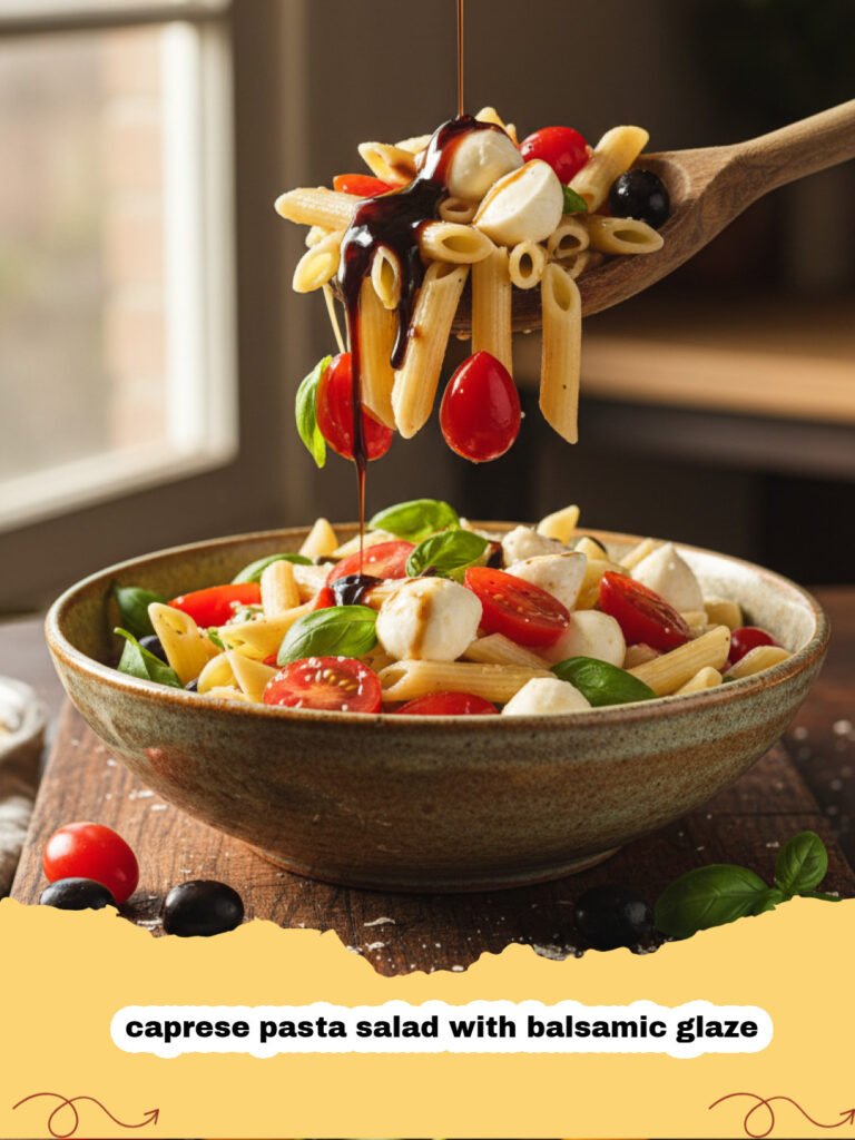 A large bowl of caprese pasta salad with balsamic glaze featuring red tomatoes, white mozzarella, and green basil.