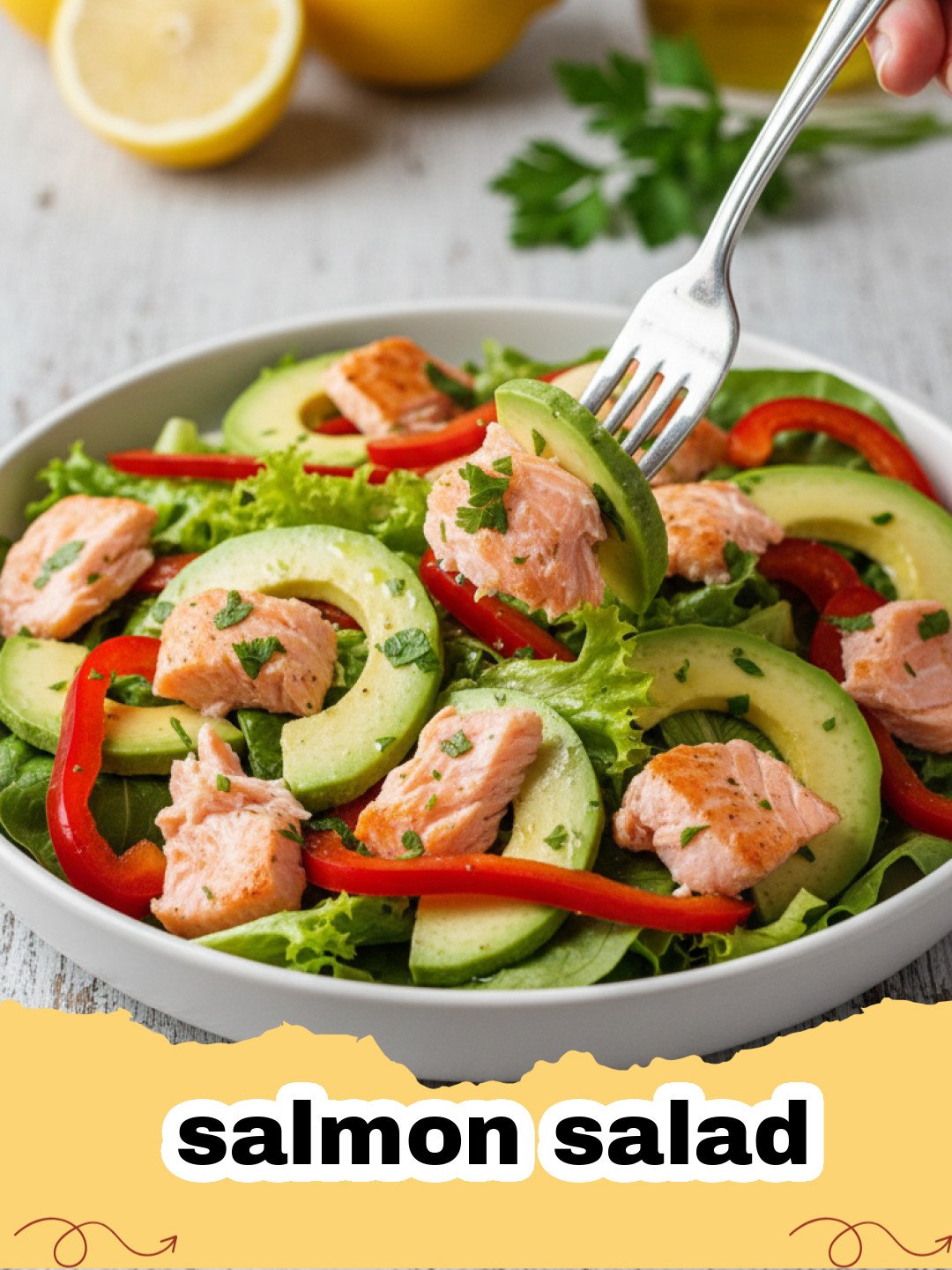 A close-up of a fresh salmon salad served in a white bowl with sprigs of dill.