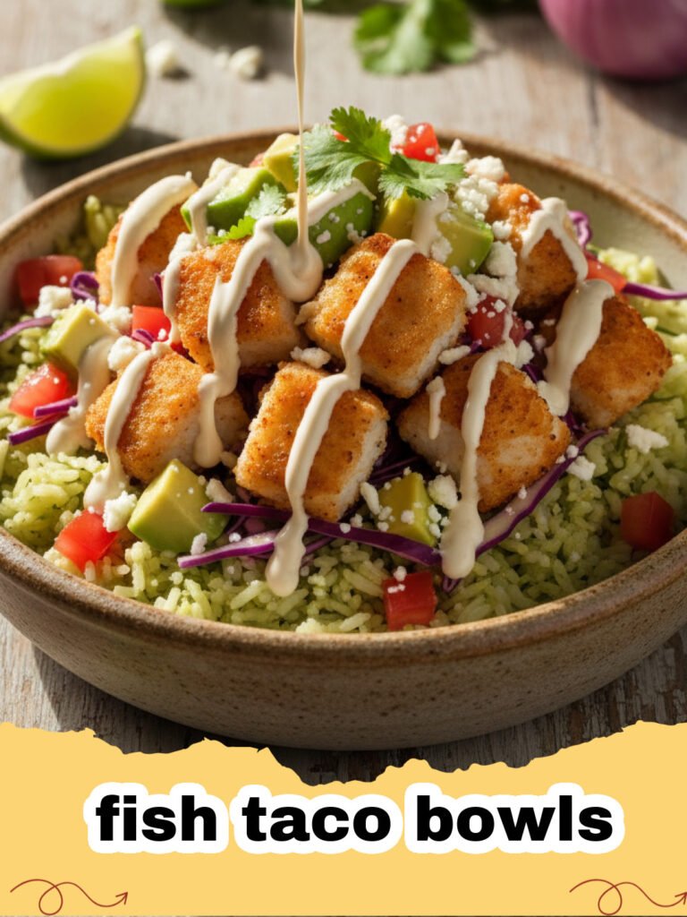 fish taco bowls - A colorful fish taco bowl with seared fish, avocado, and lime crema