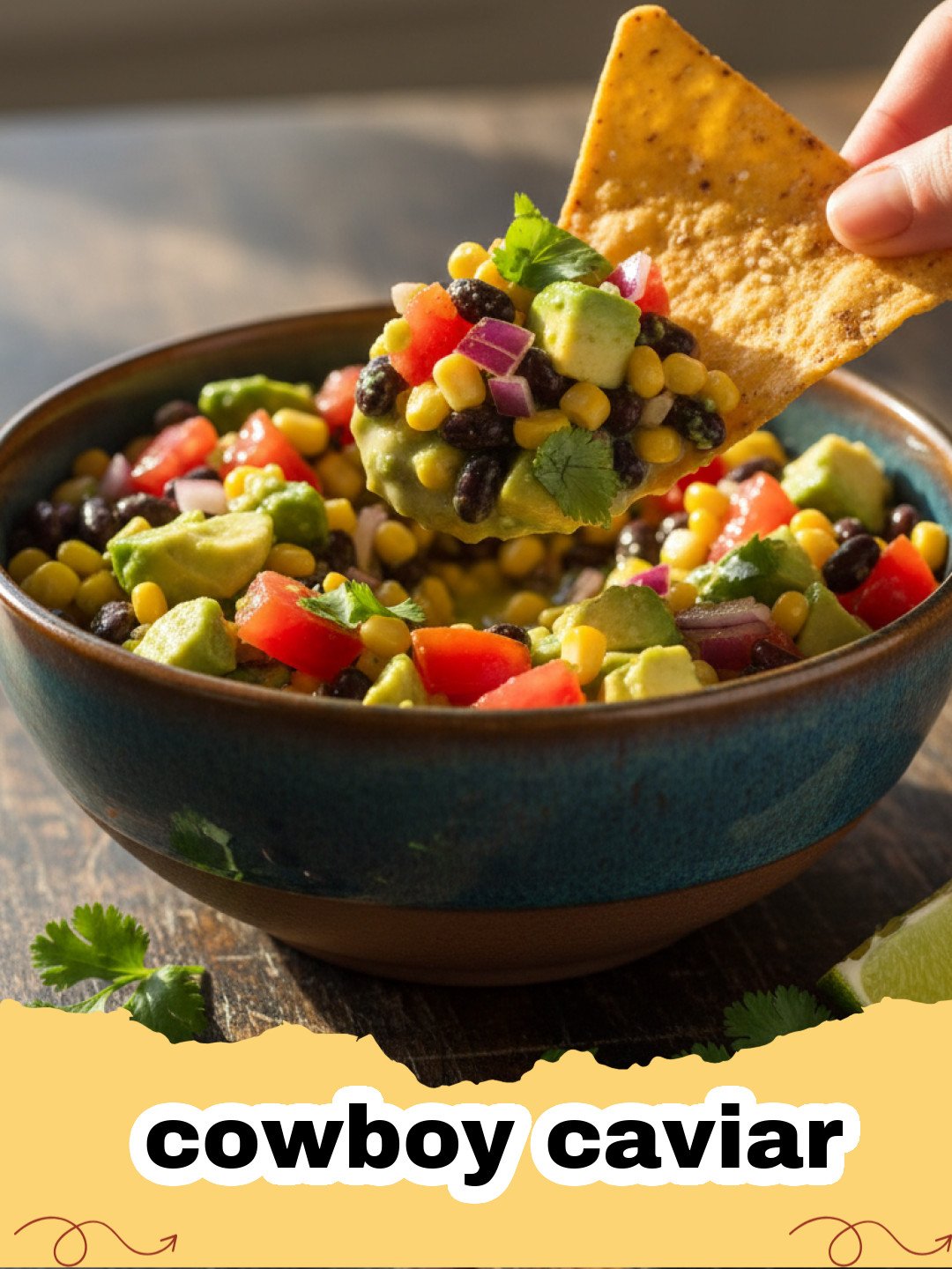 A colorful bowl of cowboy caviar with beans, corn, and avocado served with tortilla chips.