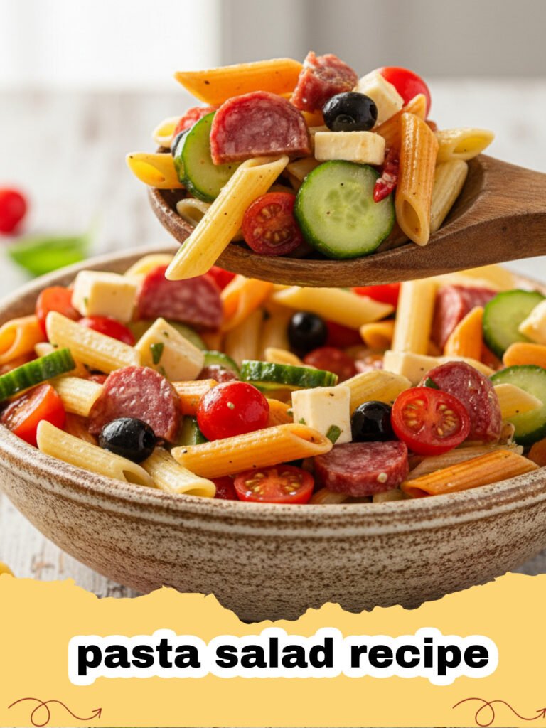 pasta salad recipe - A colorful bowl of zesty pasta salad with rotini, tomatoes, and cucumbers