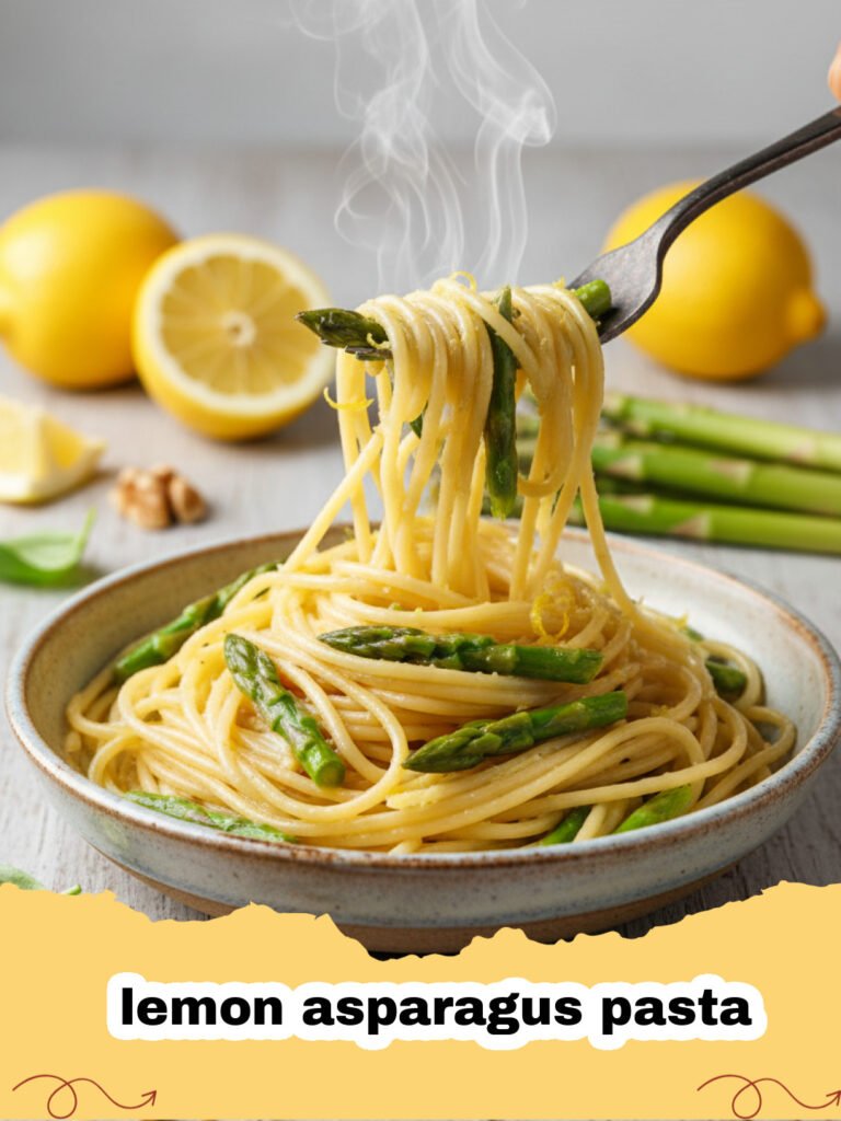 A close up shot of lemon asparagus pasta with parmesan cheese and fresh herbs