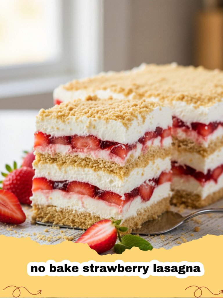 A close-up shot of a slice of no bake strawberry lasagna showing the distinct layers of crust, cream, and berries.