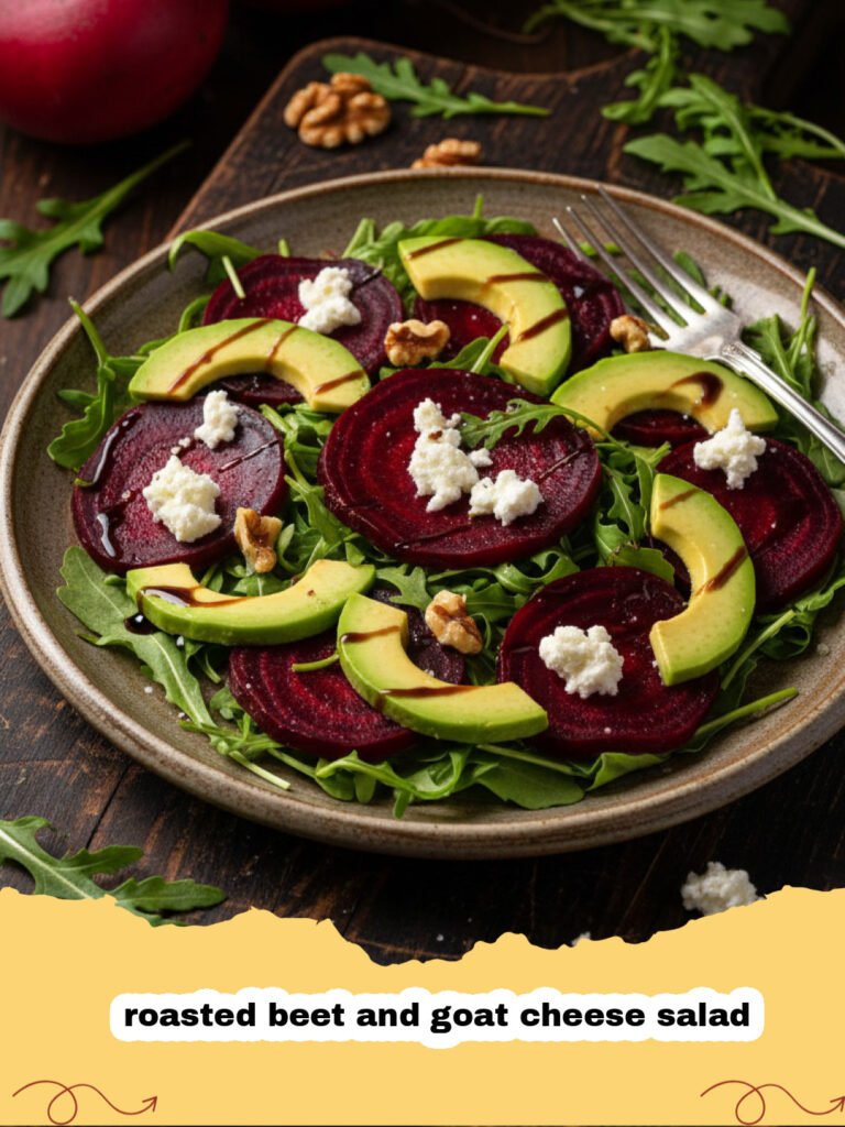 A vibrant roasted beet and goat cheese salad served on a white platter with walnuts and greens.