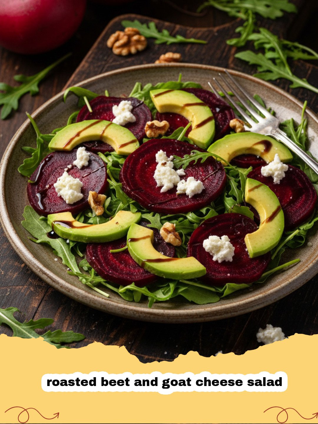 A vibrant roasted beet and goat cheese salad served on a white platter with walnuts and greens.