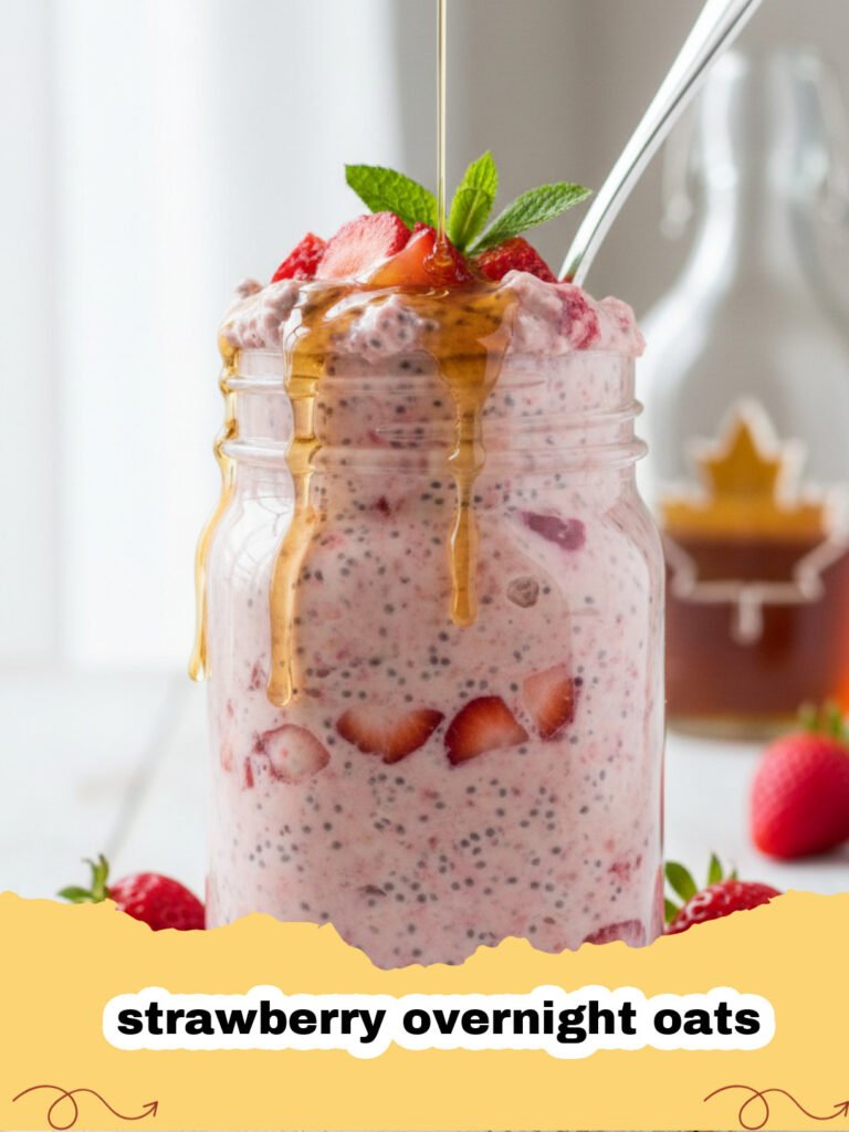 A glass jar filled with creamy strawberry overnight oats topped with fresh sliced strawberries.