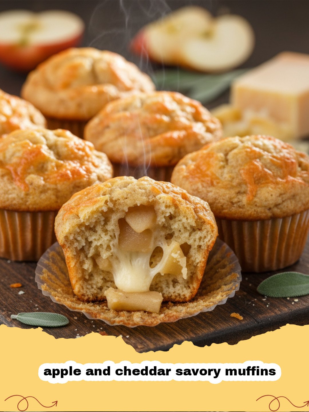 Golden brown apple and cheddar savory muffins with melted cheese on top