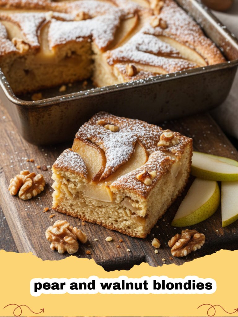 pear and walnut blondies - A close-up of a square pear and walnut blondie showing chunks of fruit and nuts.