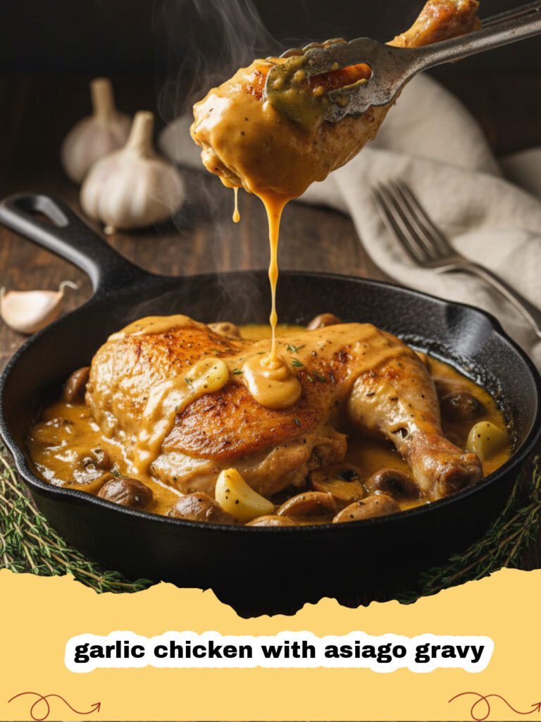 garlic chicken with asiago gravy - A plate of seared garlic chicken smothered in a thick, creamy white Asiago gravy with fresh herbs.