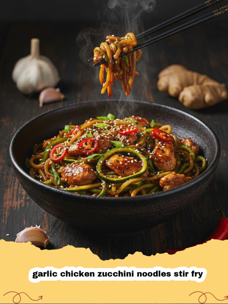 A vibrant garlic chicken zucchini noodles stir fry served in a black bowl with sesame seeds on top.