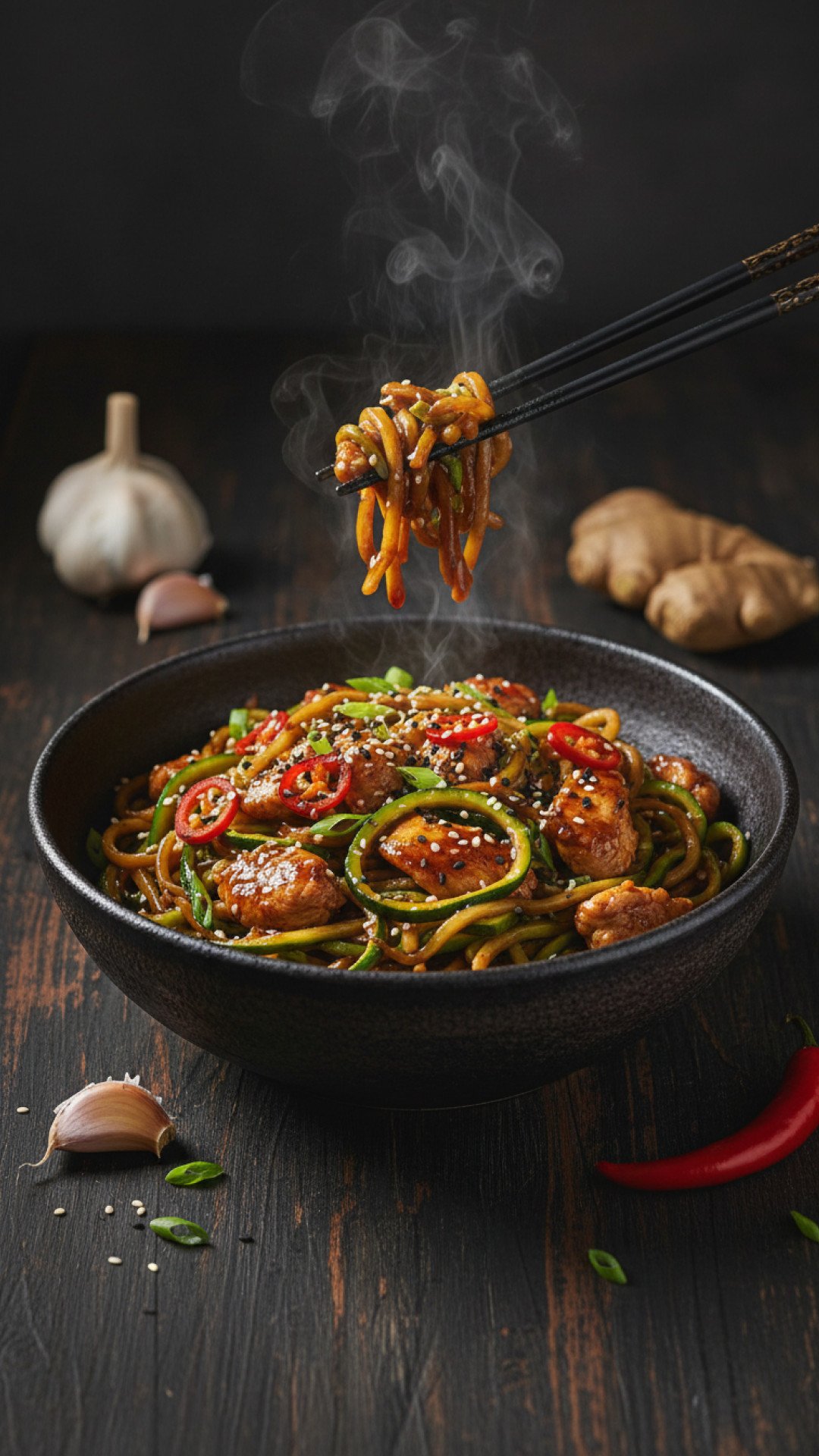 Garlic Chicken Zucchini Noodles Stir Fry Preparation