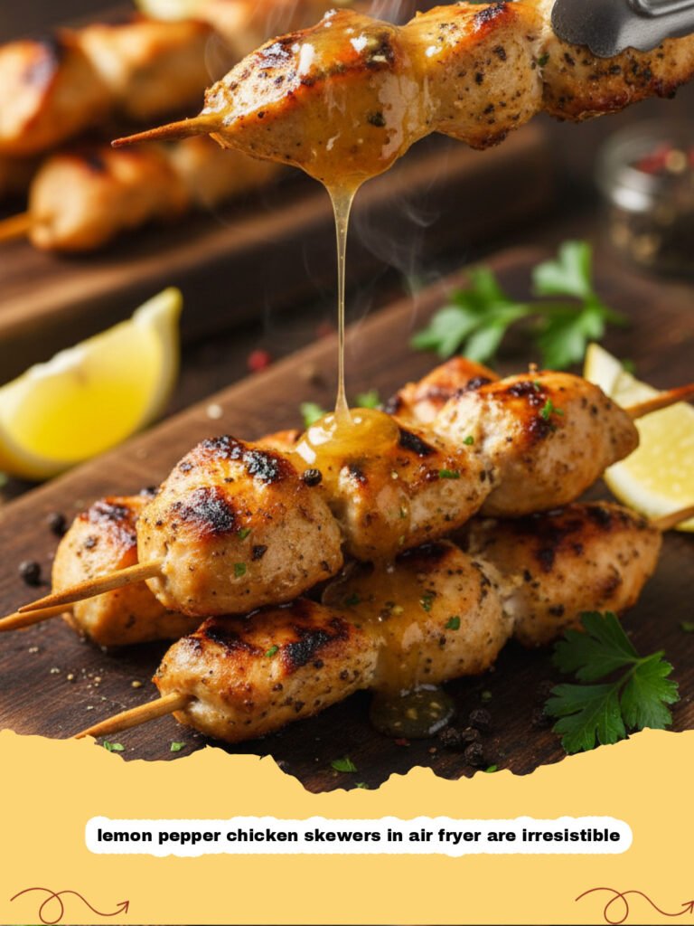 lemon pepper chicken skewers in air fryer are irresistible - Air fryer lemon pepper chicken skewers on a serving plate with lemon wedges