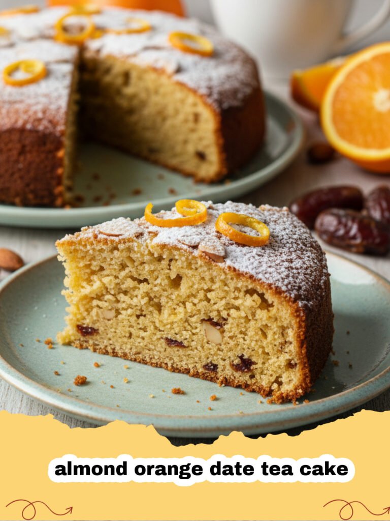 A close-up shot of a slice of almond orange date tea cake on a ceramic plate.