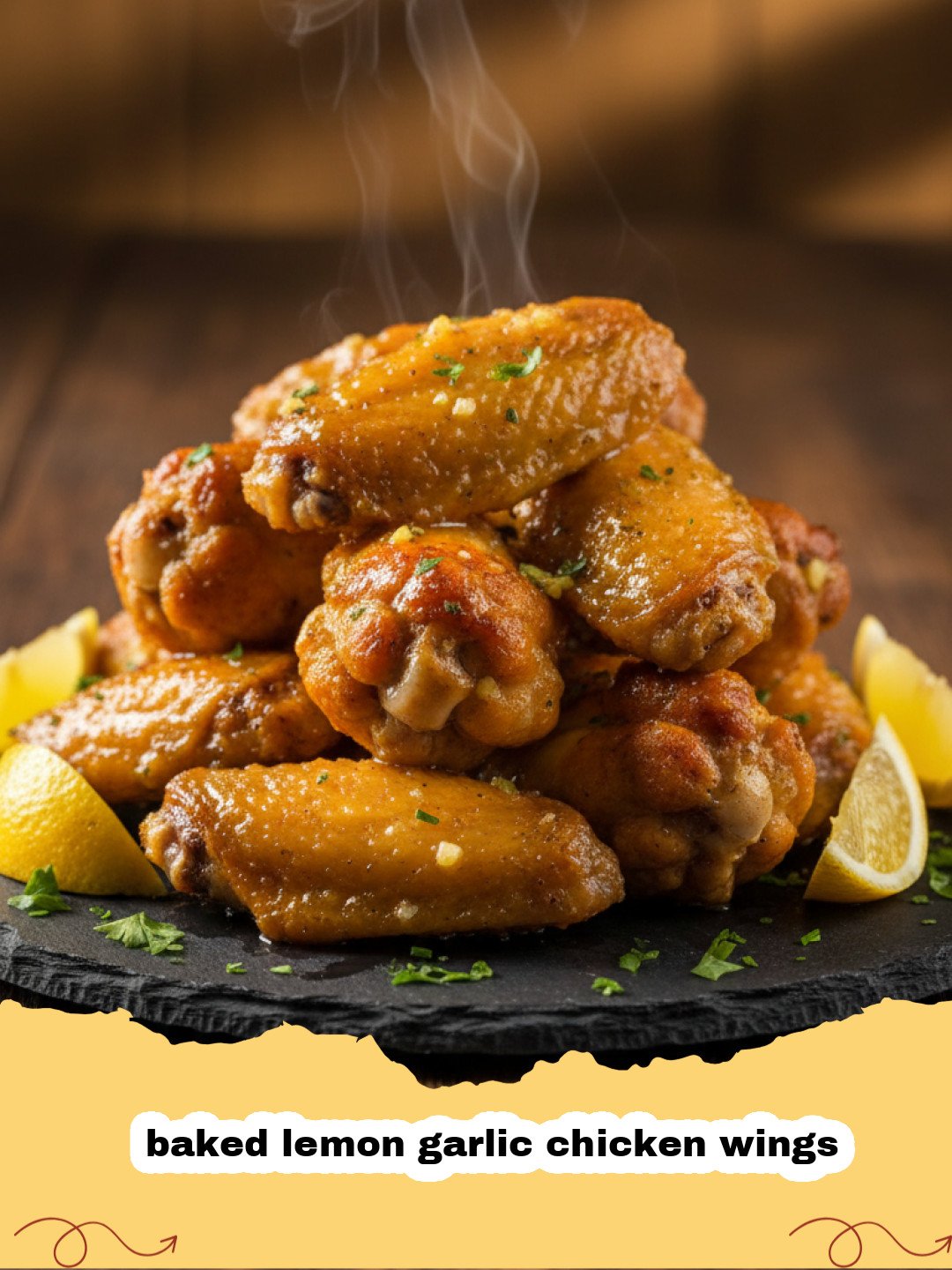 A platter of crispy golden baked lemon garlic chicken wings garnished with parsley and lemon slices.