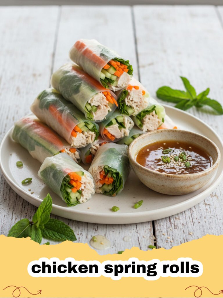 A plate of golden brown crispy chicken spring rolls stacked neatly with a side of sweet chili sauce.