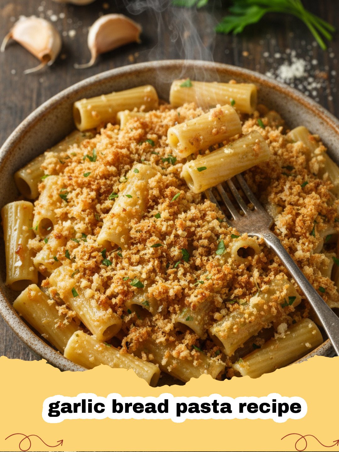 garlic bread pasta recipe - A close up shot of garlic bread pasta with crispy breadcrumbs and parsley