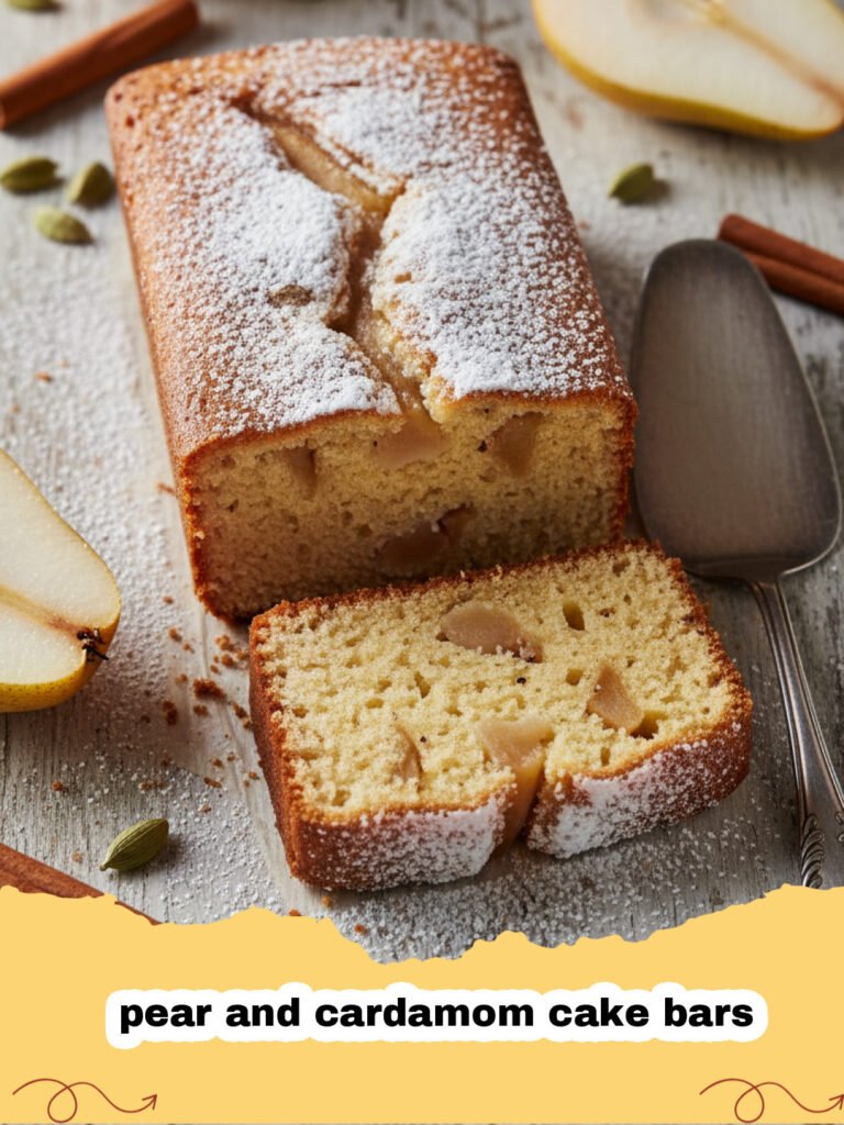Freshly baked pear and cardamom cake bars sliced on a wooden board.