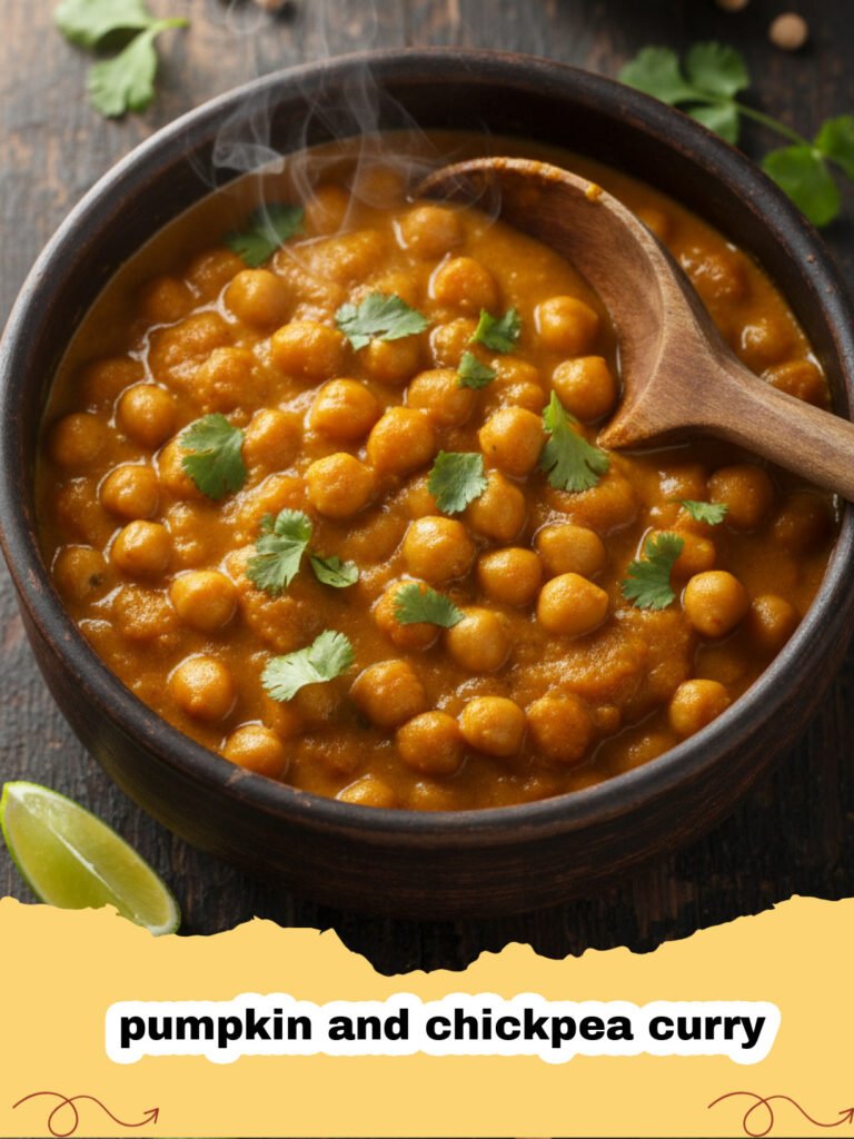 A bowl of creamy pumpkin and chickpea curry served with rice and cilantro.