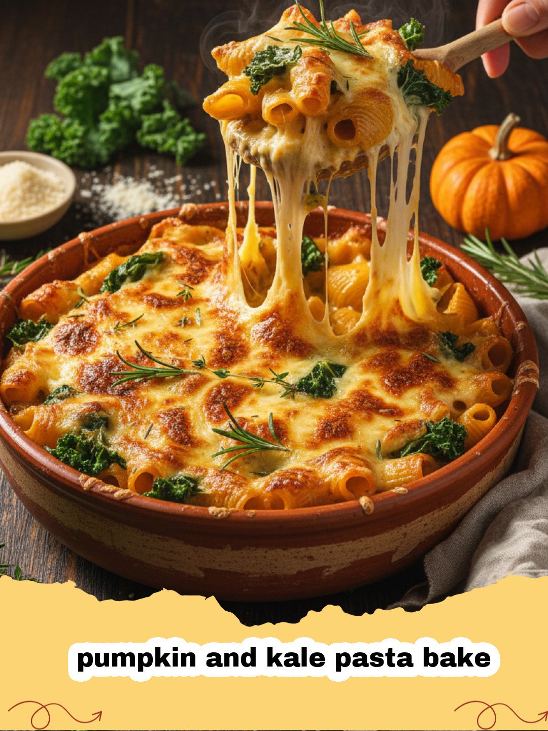 A bubbling, golden-brown pumpkin and kale pasta bake in a glass dish topped with melted cheese and crispy breadcrumbs.