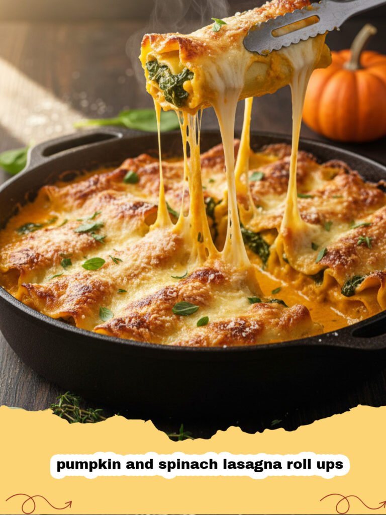 pumpkin and spinach lasagna roll ups - A close up shot of a pumpkin and spinach lasagna roll up on a plate with melted cheese and fresh parsley.