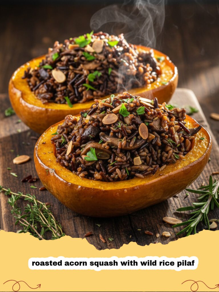 roasted acorn squash with wild rice pilaf - Two halves of roasted acorn squash overflowing with a colorful wild rice pilaf, garnished with fresh sage and pecans.