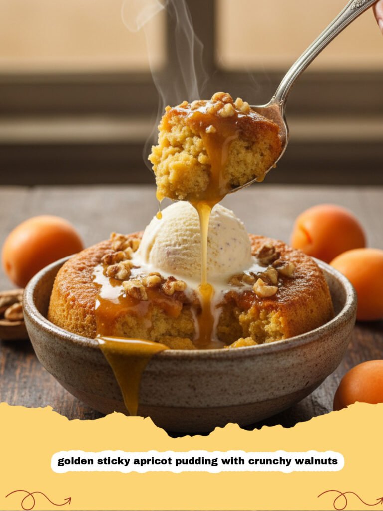 A close up shot of a slice of golden sticky apricot pudding with crunchy walnuts on a white plate.