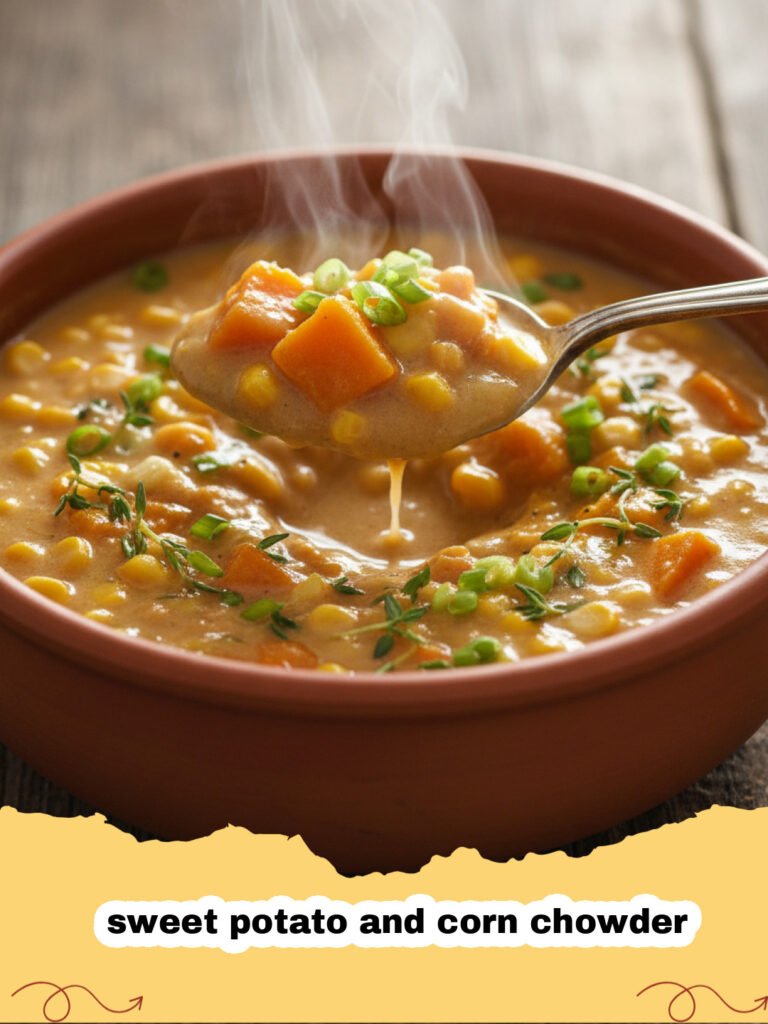 A steaming bowl of golden sweet potato and corn chowder garnished with chives and black pepper.