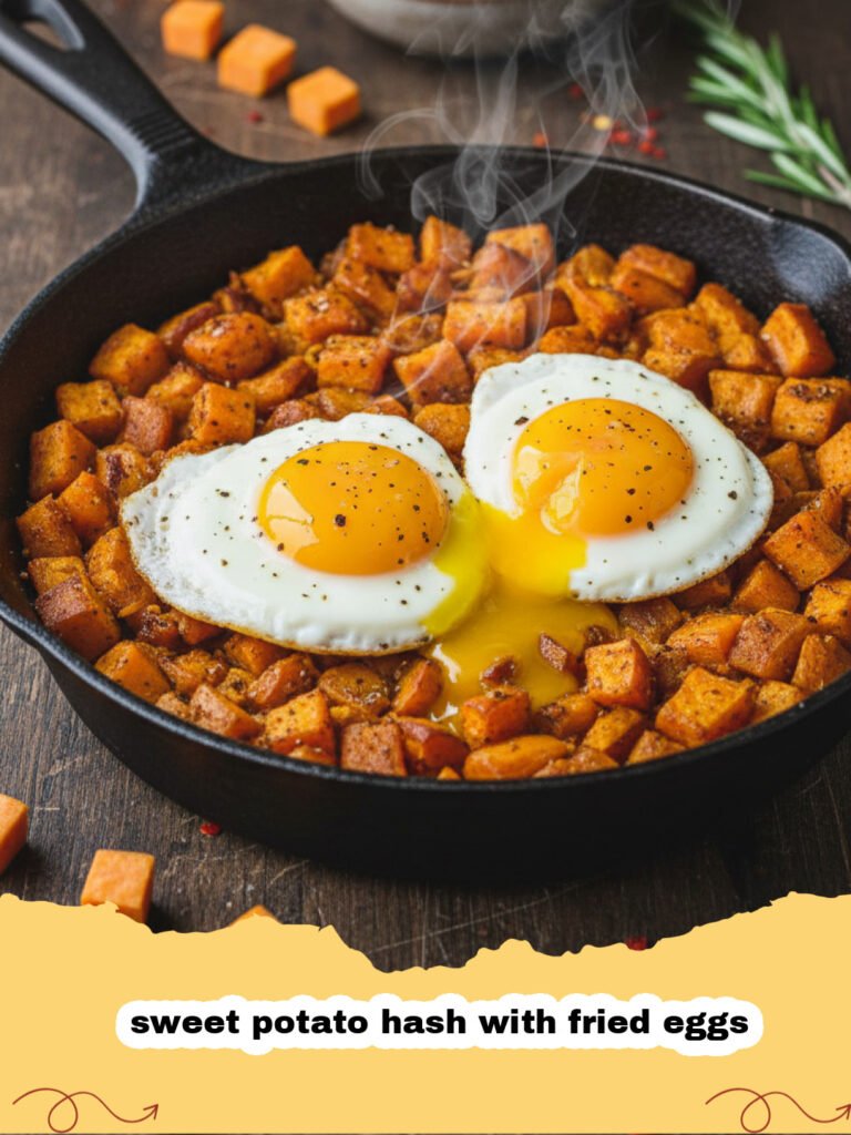 sweet potato hash with fried eggs - A cast iron skillet filled with crispy sweet potato hash and four sunny-side-up fried eggs topped with fresh herbs.