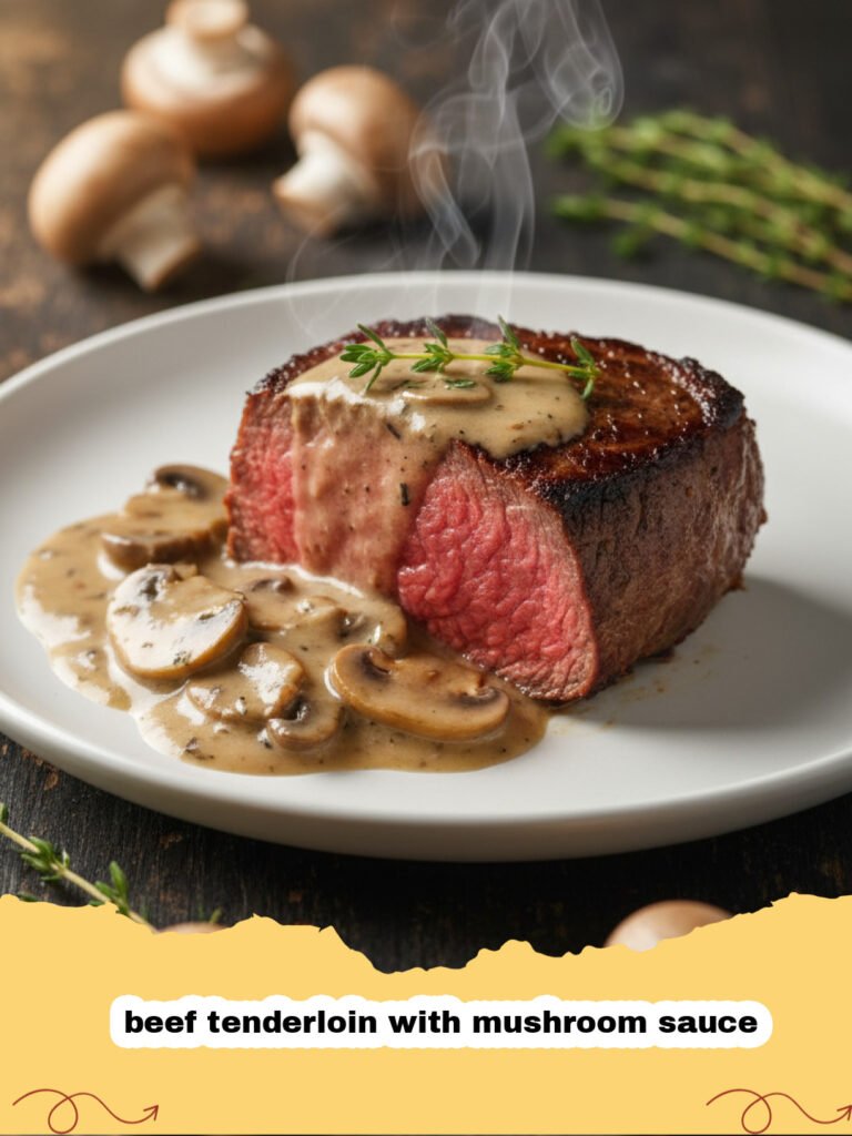 beef tenderloin with mushroom sauce - A perfectly sliced beef tenderloin topped with a thick, savory mushroom sauce and fresh herbs.
