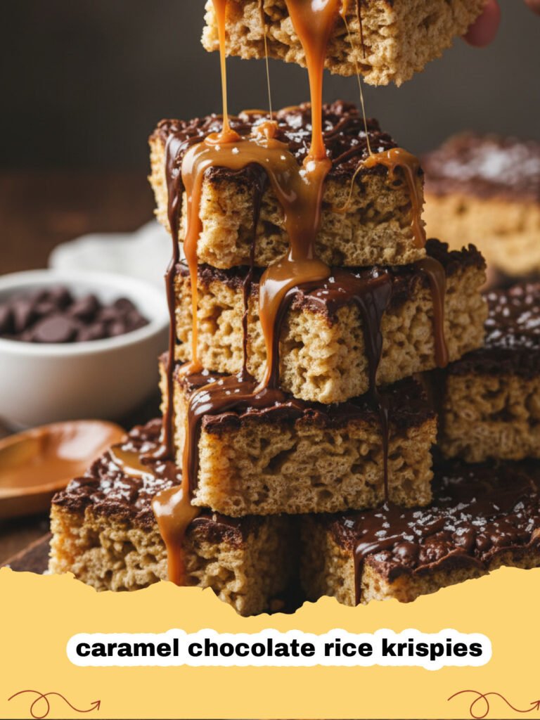 Close up of layered caramel chocolate rice krispies showing the cereal, caramel, and chocolate layers.