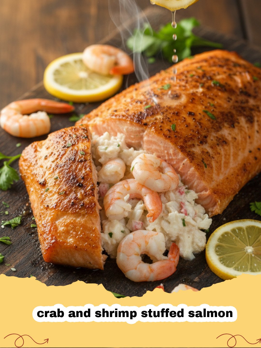 Close-up of a crab and shrimp stuffed salmon fillet baked to perfection with fresh herbs