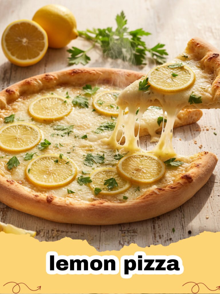 A beautiful lemon pizza topped with thin citrus slices and fresh herbs on a wooden board.