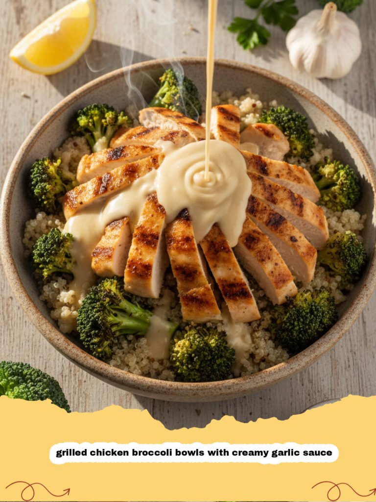 grilled chicken broccoli bowls with creamy garlic sauce - A vibrant bowl of grilled chicken and charred broccoli topped with a creamy white garlic sauce.