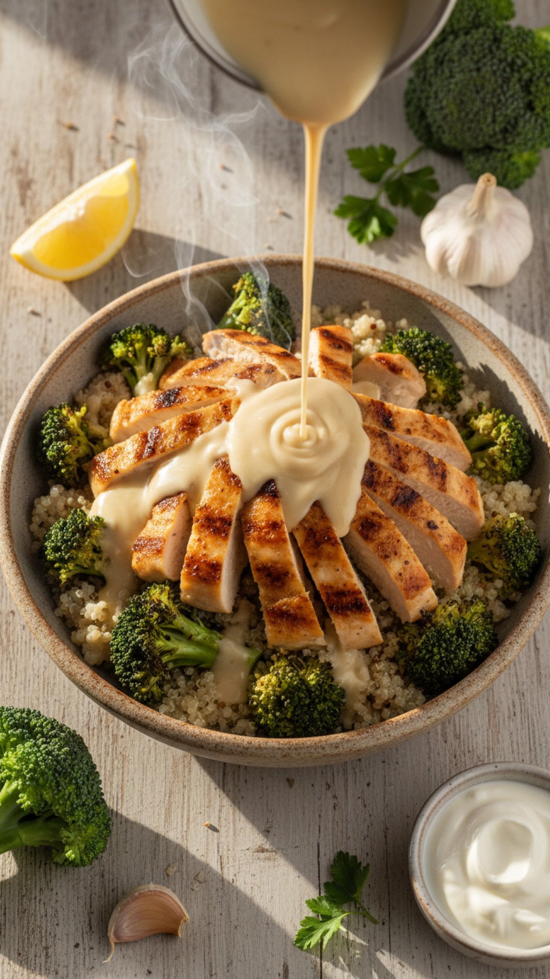 Grilled Chicken Broccoli Bowls with Creamy Garlic Sauce Preparation