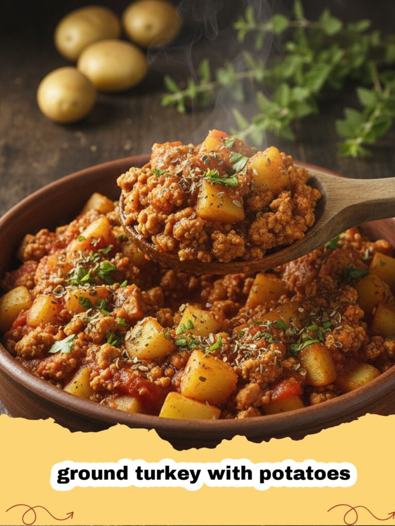 ground turkey with potatoes - A close up shot of a cast iron skillet filled with browned ground turkey and crispy golden potato cubes garnished with parsley.