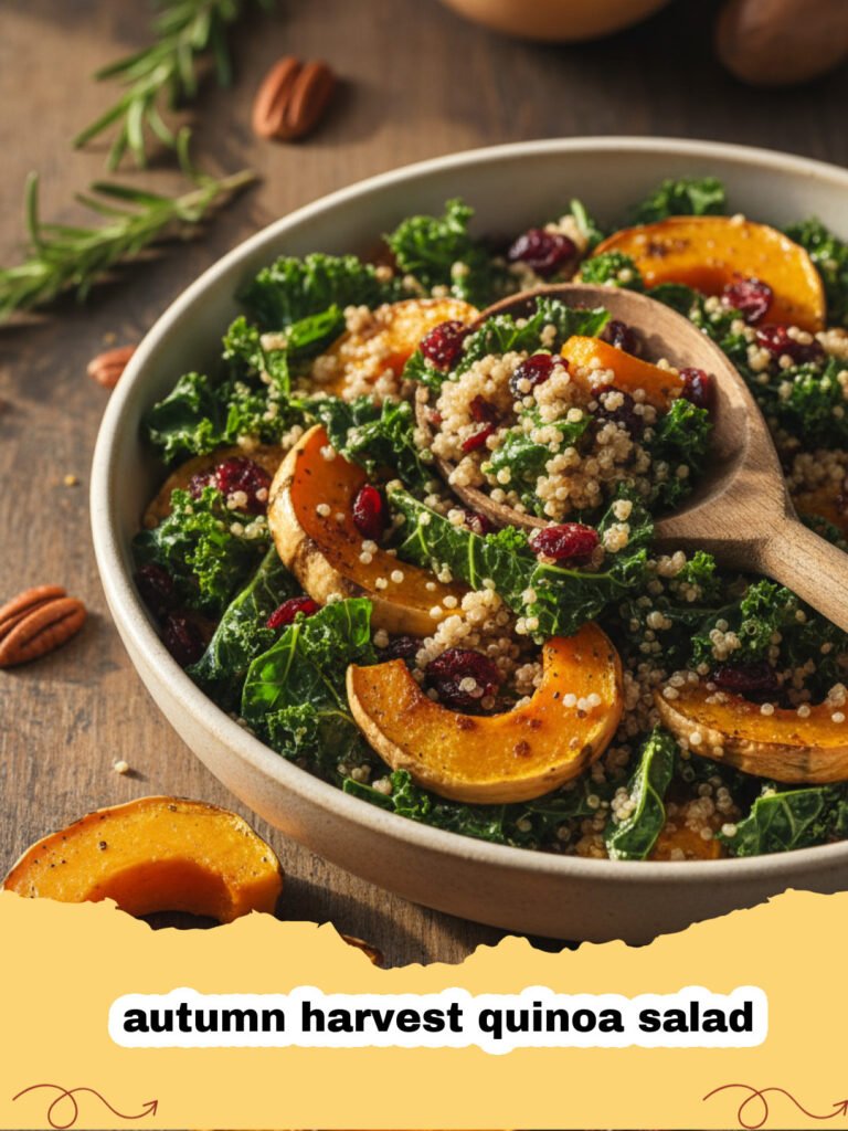 A colorful autumn harvest quinoa salad in a large wooden bowl with roasted squash and cranberries.